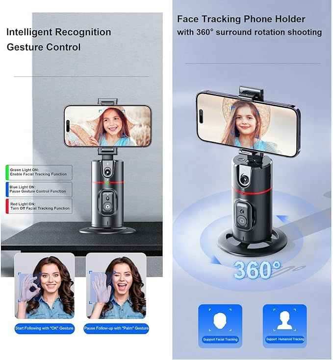 Auto Face Tracking Tripod – 360° AI Phone Holder & Selfie Stand