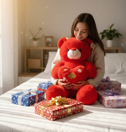 Large Red Love Teddy Bear with Heart Cushion – Soft & Romantic Gift