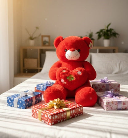 Large Red Love Teddy Bear with Heart Cushion – Soft & Romantic Gift